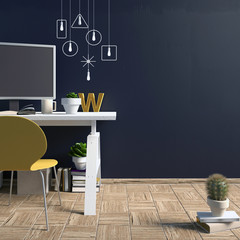 Modern contrast interior in the style loft, a place for study, consisting of working Desk, lamp, yellow chair, monitor on the background of dark wall. 3D illustration. wall mock up
