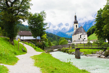 Fototapeta na wymiar Ramsau village and church in Alps of Bavaria, Germany