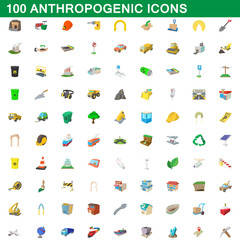100 anthropogenic icons set, cartoon style