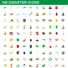 100 disaster icons set, cartoon style
