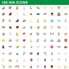 100 inn icons set, cartoon style