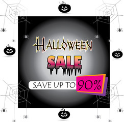 Halloween party Sale discount banner. Gift card. Halloween pumpkin, Halloween spider, thanksgiving, trick or treat symbols. Vector marketing, advertising poster design.