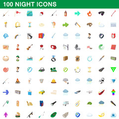 100 night icons set, cartoon style