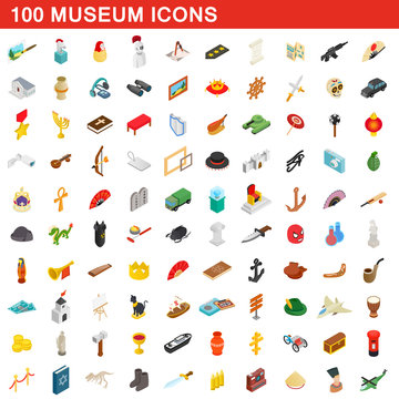 100 museum icons set, isometric 3d style