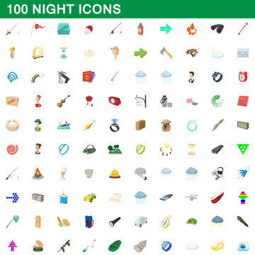 100 night icons set, cartoon style