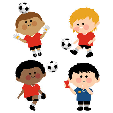 Children soccer players, a goal keeper and a referee. Vector illustration