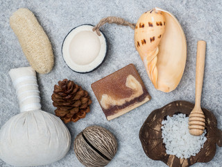 Aromatherapy  product  Spa set massage with white  wood background. top view,flat lay composition.