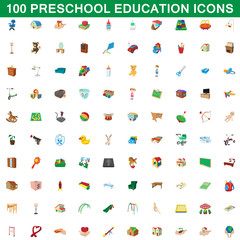 100 preschool education icons set, cartoon style