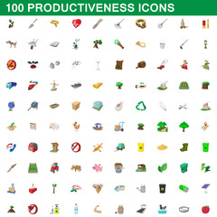 100 productiveness icons set, cartoon style