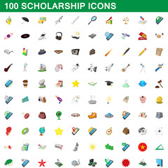 100 scholarship icons set, cartoon style