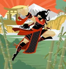 woman female ninja warrior with sai blades on japanese mountains © matiasdelcarmine