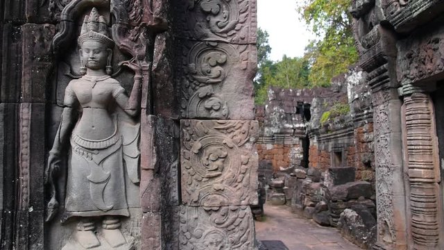Ancient Walls With Carving In Mystical Temple Of Angkor Wat. HD, 1920x1080. Siem Reap, Cambodia. HD, 1920x1080. 