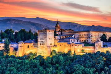 Alhambra of Granada, Spain. Alhambra fortress at sunset.