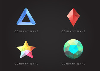 Trendy Crystal Triangulated Gem Logo Elements. Perfect for Business. Geometric Low Polygon Style. Visual Identity Vector Set Collection.