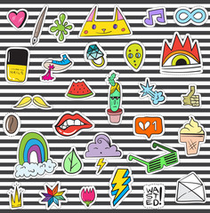 Set of Patches Elements like Flower, Heart, Crown, Cloud, Lips, Mail, Diamond, Eyes. Hand Drawn Vector. Cute Fashionable Stickers Collection. Doodle Pop art Sketch Badges and Pins.