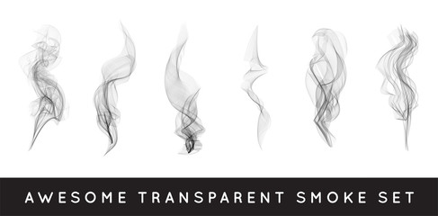 Set of digital realistic smoke vector illustration, curly smoke flow collection, curved transparent smoke flow image, grey smoke flow, vertical smoke flow, 3D smoke flow picture.