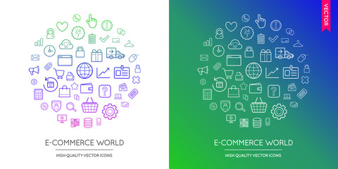 Vector Set of E-Commerce Modern Flat Thin Icons Inscribed in Round Shape