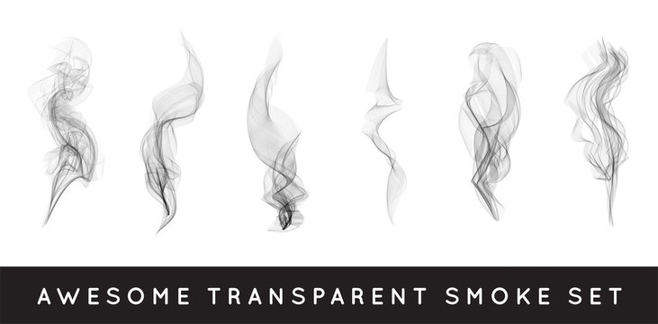 Set of digital realistic smoke vector illustration, curly smoke flow collection, curved transparent smoke flow image, grey smoke flow, vertical smoke flow, 3D smoke flow picture.