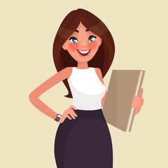 Beautiful business woman with a folder in her hands. Vector illustration