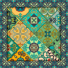 Seamless pattern with portuguese tiles in talavera style. Azulejo, moroccan, mexican ornaments.