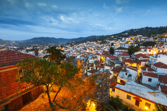 Morning view of Skopelos town from the castle hill.

