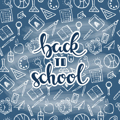 vector back to school background with hand drawn text and hand drawn school stationery pattern