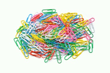 many paperclips colorful on a white background