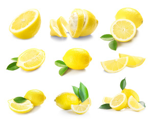 Collage of fresh lemon on white background