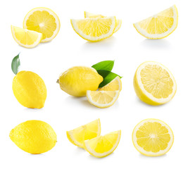Collage of fresh lemon on white background