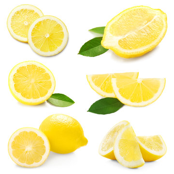 Collage of fresh lemon on white background