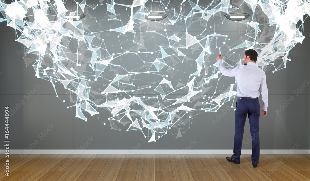 Poster Businessman using connection network on a wall 3D rendering