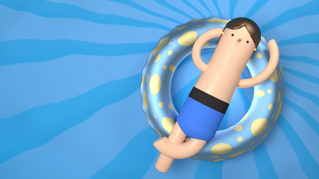 Cartoon man relax in swimming pool. 3d rendering picture.