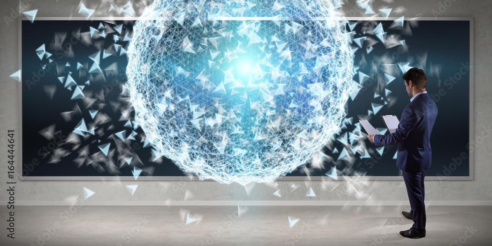 Poster Businessman using digital planet earth interface on a board 3D rendering