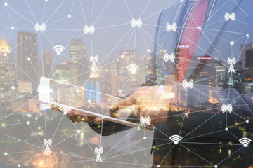  Double exposure. Business concept and cityscape and network connection concept,