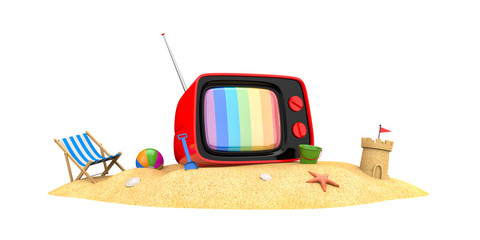 Old TV on a sandy beach. 3d illustration