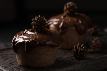 Chocolate muffins, decorated with a small cone on a dark wooden background. Cupcakes are poured with dark chocolate and cocoa powder. Cupcakes with unusual decoration. Low key
