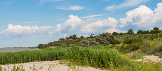 Sea landscape. Terrain on the coast of the Azov Sea in the Rostov region