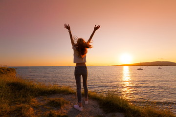 Fototapeta premium Sea summer. Sunset. Back
