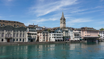 Fototapeta na wymiar ZURICH, SWITZERLAND : View of historic Zurich city center, Limmat river and Zurich lake, Switzerland. Zurich is a leading global city and among the world's largest financial center.