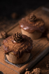 Chocolate muffins, decorated with a small cone on a dark wooden background. Low key. Cupcakes are...