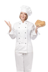 happy female chef isolated on white background