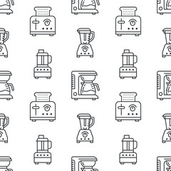 Kitchen utensil, small appliances seamless pattern flat line icons black white. Background household cooking tools - blender, mixer, food processor, coffee machine, microwave, toaster. Electronics.