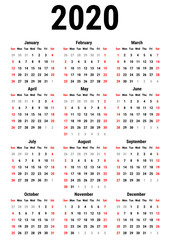 Calendar for 2020