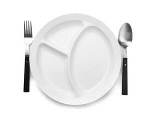 Empty serving tray for food on white background. Concept of school lunch