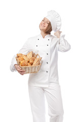 happy female chef isolated on white background