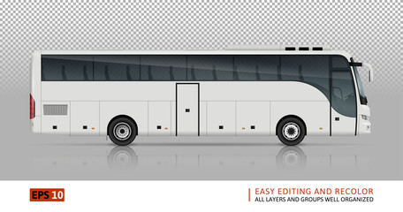 Bus vector template for car branding and advertising. Isolated coach bus set on white background. All layers and groups well organized for easy editing and recolor. View from right side.