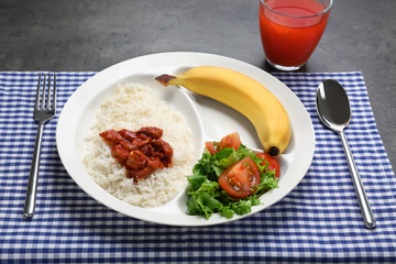 Serving tray with delicious food on table. Concept of school lunch