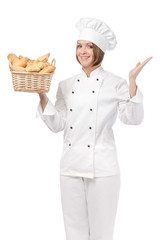 happy female chef isolated on white background