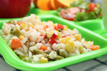 Serving tray with delicious food, closeup. Concept of school lunch