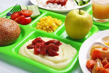 Serving tray with tasty food, closeup. Concept of school lunch